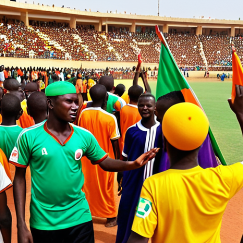 Home 11 **Image Prompt:** A vibrant, energetic scene of a local football match in Niamey, Niger. The modest stadium is packed with enthusiastic fans dressed in team colors, chanting and waving flags. Young players are giving their all on the field. Capture the raw passion and cultural significance of football in Niger.