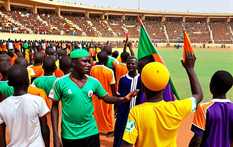 **Image Prompt:** A vibrant, energetic scene of a local football match in Niamey, Niger. The modest stadium is packed with enthusiastic fans dressed in team colors, chanting and waving flags. Young players are giving their all on the field. Capture the raw passion and cultural significance of football in Niger.