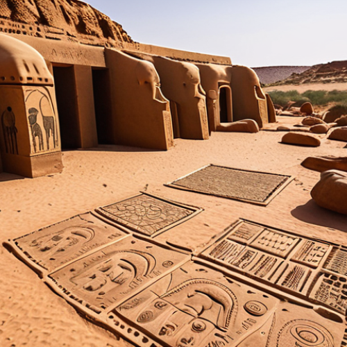 Home 6 **A vast, sun-scorched desert landscape in the Teneré, Niger, featuring ancient rock engravings of elephants and other wildlife. Capture the feeling of timelessness and the open-air museum vibe. Focus on the details of the engravings and the texture of the rocks. Wide angle.**
