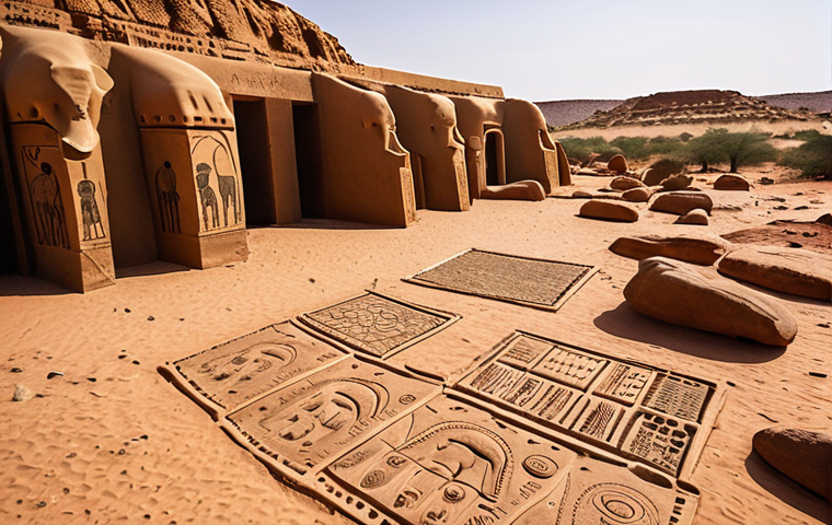 **A vast, sun-scorched desert landscape in the Teneré, Niger, featuring ancient rock engravings of elephants and other wildlife. Capture the feeling of timelessness and the open-air museum vibe. Focus on the details of the engravings and the texture of the rocks. Wide angle.**