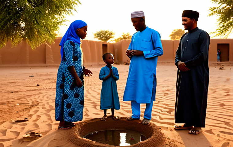 **Prompt 1: Community Life at the Mosque**
    A vibrant community scene in Niger at sunset. Muslim men and women in modest, traditional attire, fully clothed, are gathering peacefully near a traditional mud-brick mosque. Some individuals are standing in serene prayer, while children in appropriate clothing play nearby, contributing to the family-friendly atmosphere. The scene is bathed in warm, golden hour light, exuding a sense of peace and togetherness. This is a professional photograph, highly detailed and realistic, showcasing the cultural richness of daily life. safe for work, appropriate content, perfect anatomy, correct proportions, natural pose, well-formed hands, proper finger count, natural body proportions, modest.