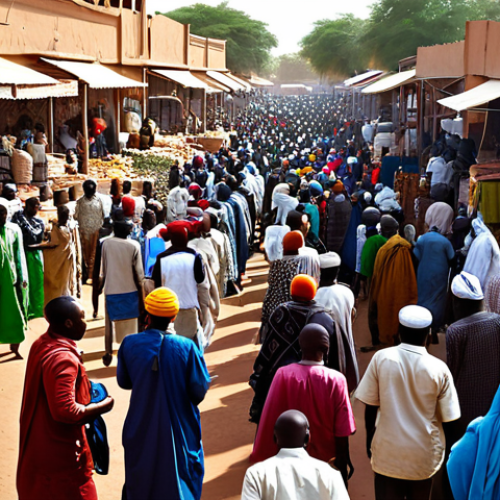 Bustling Niamey Marketplace**

"A vibrant and colorful marketplace scene in Niamey, Niger.  Vendors are selling textiles, spices, and handcrafted goods from stalls overflowing with merchandise. People are fully clothed in traditional West African attire, in a variety of bright colors and patterns, including boubous and headwraps.  A few "zémidjans" (moto-taxis) are weaving through the crowd.  Morning light, dust motes in the air, safe for work, appropriate content, professional photography, perfect anatomy, natural proportions, modest clothing, bustling atmosphere."

**