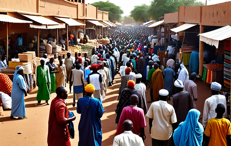 Bustling Niamey Marketplace**
"A vibrant and colorful marketplace scene in Niamey, Niger. Vendors are selling textiles, spices, and handcrafted goods from stalls overflowing with merchandise. People are fully clothed in traditional West African attire, in a variety of bright colors and patterns, including boubous and headwraps. A few "zémidjans" (moto-taxis) are weaving through the crowd. Morning light, dust motes in the air, safe for work, appropriate content, professional photography, perfect anatomy, natural proportions, modest clothing, bustling atmosphere."
**