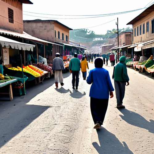 **

A vibrant market scene in a border town. Merchants (fully clothed in modest, practical clothing) are displaying goods like produce, textiles, and tools. The architecture blends local styles with influences from across the border. People are interacting, bartering, and engaging in commerce. In the background, a road stretches towards the horizon. Capture the feeling of hope and determination amidst hardship. Appropriate attire, safe for work, perfect anatomy, natural proportions, professional photography, high quality.

**