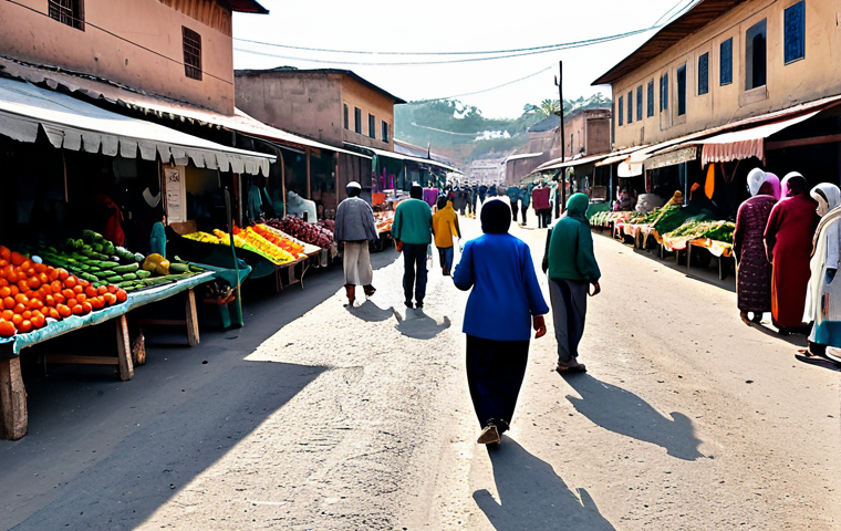 **
A vibrant market scene in a border town. Merchants (fully clothed in modest, practical clothing) are displaying goods like produce, textiles, and tools. The architecture blends local styles with influences from across the border. People are interacting, bartering, and engaging in commerce. In the background, a road stretches towards the horizon. Capture the feeling of hope and determination amidst hardship. Appropriate attire, safe for work, perfect anatomy, natural proportions, professional photography, high quality.
**