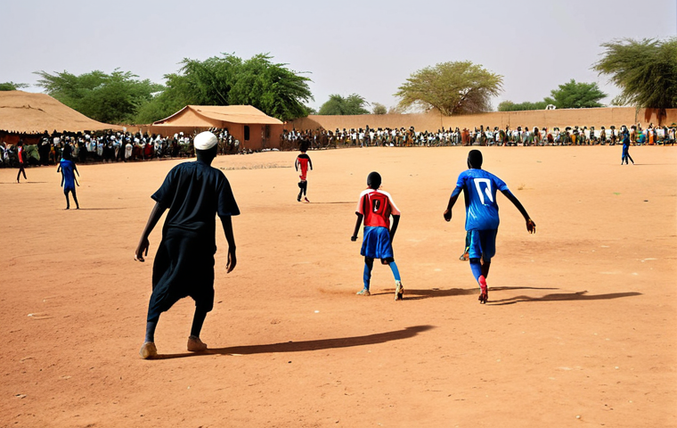 Nigerien Football Match**
"A vibrant scene of a football match in Niger, West Africa. The players are fully clothed in modest sports attire, playing on a dusty pitch. Cheering crowds surround the field. In the background, traditional mud-brick houses are visible under a bright, sunny sky. Safe for work, appropriate content, family-friendly, professional photography, perfect anatomy, correct proportions, natural pose, high quality."
**