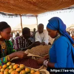 니제르에서 문화 체험 활동 추천 - A bustling and colorful open-air market in Niamey, Niger, filled with a diverse crowd of people. In ...