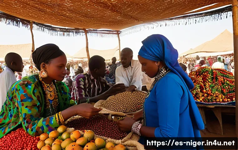 니제르에서 문화 체험 활동 추천 - A bustling and colorful open-air market in Niamey, Niger, filled with a diverse crowd of people. In ...
