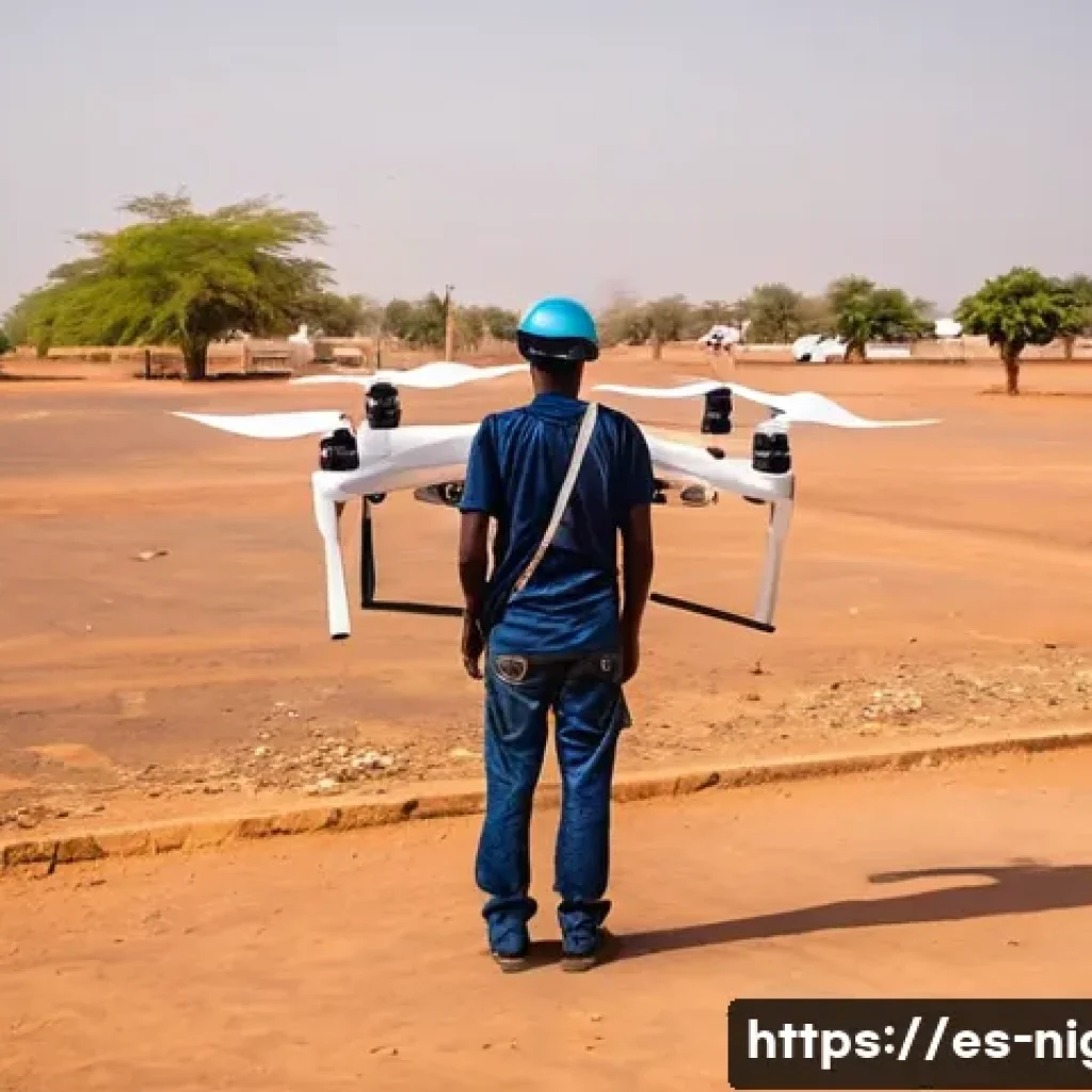니제르에서 드론 사용 가능 여부 - A professional drone operator in Niamey, Niger, preparing for flight near an urban area with visible...