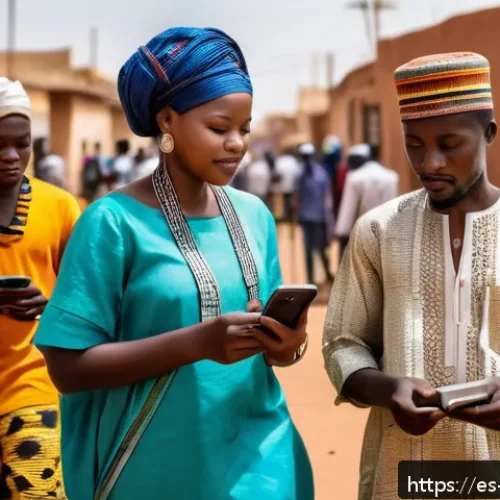 니제르에서 유용한 모바일 앱 - A vibrant street scene in Niamey, Niger, showing diverse people using smartphones with messaging app...