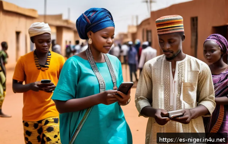 니제르에서 유용한 모바일 앱 - A vibrant street scene in Niamey, Niger, showing diverse people using smartphones with messaging app...