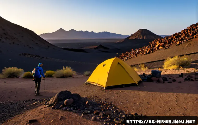 니제르에서 캠핑 및 트레킹 가능 지역 - Photorealistic wide landscape of responsible desert camping in Niger’s Aïr Mountains, two fully clot...