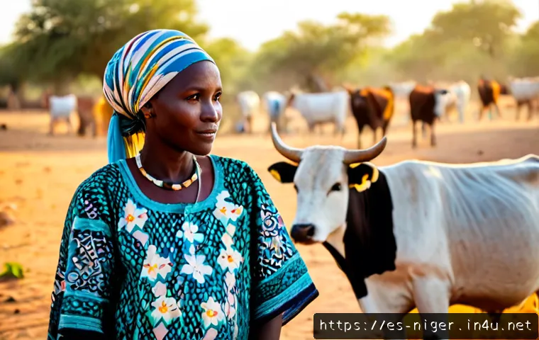 니제르 부족별 특징 - Photorealistic documentary-style portrait of a Fulani family in rural Niger, adults and children wea...