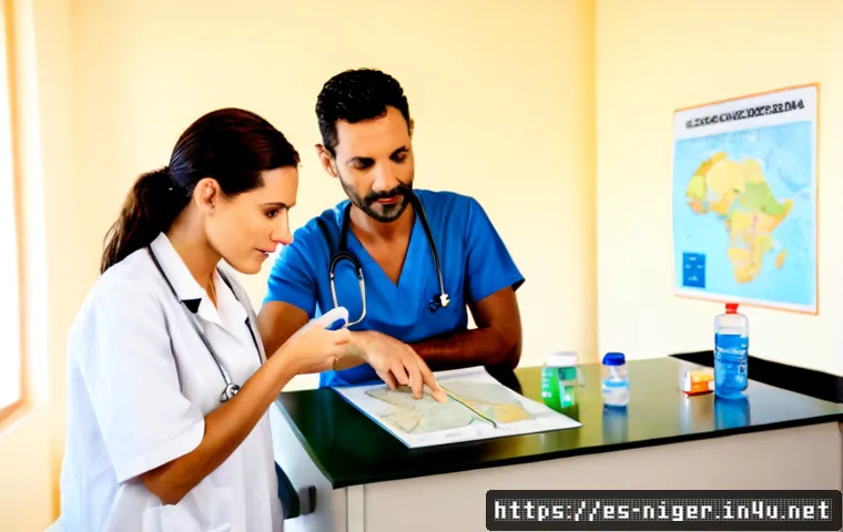 니제르에서 주의해야 할 질병과 백신 - Photorealistic travel health consultation for a Spanish-speaking family preparing for Niger, attenti...